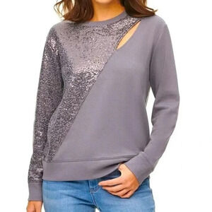 DKNY Sequined Cut-Out Pullover Sweatshirt Women XL Gray Embellished Keyhole NWT